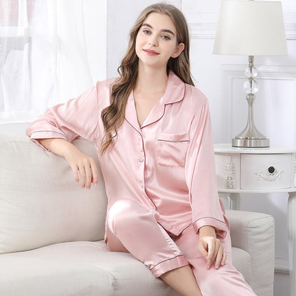 2025 Women’s Silk Pajama Set – Sexy Long-Sleeve Cardigan Sleepwear, Ice Silk Two-Piece Loungewear for Home