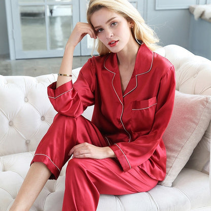 2025 Women’s Silk Pajama Set – Sexy Long-Sleeve Cardigan Sleepwear, Ice Silk Two-Piece Loungewear for Home