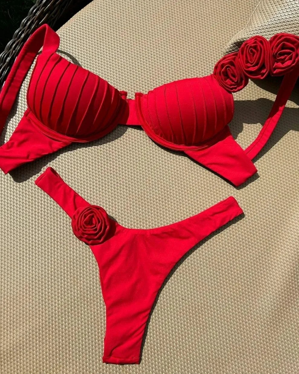 Rose Strap Design Sexy Red Push Up Bikini