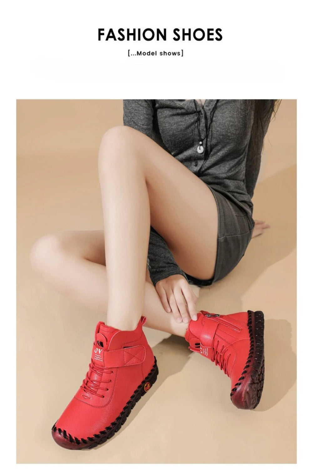 Red high-top shoes being worn on a beige background with text 'FASHION SHOES' above.