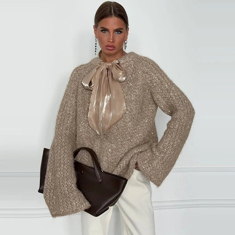 Chic Oversized Bow Knit Sweater For Women Loose V Neck Pullover With Flare Sleeves Autumn Winter Casual Lady Sweater