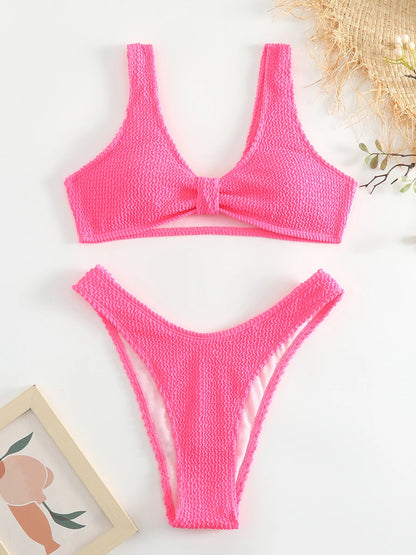 Green Textured Ribbed Bow Detail Bikini Aesthetic