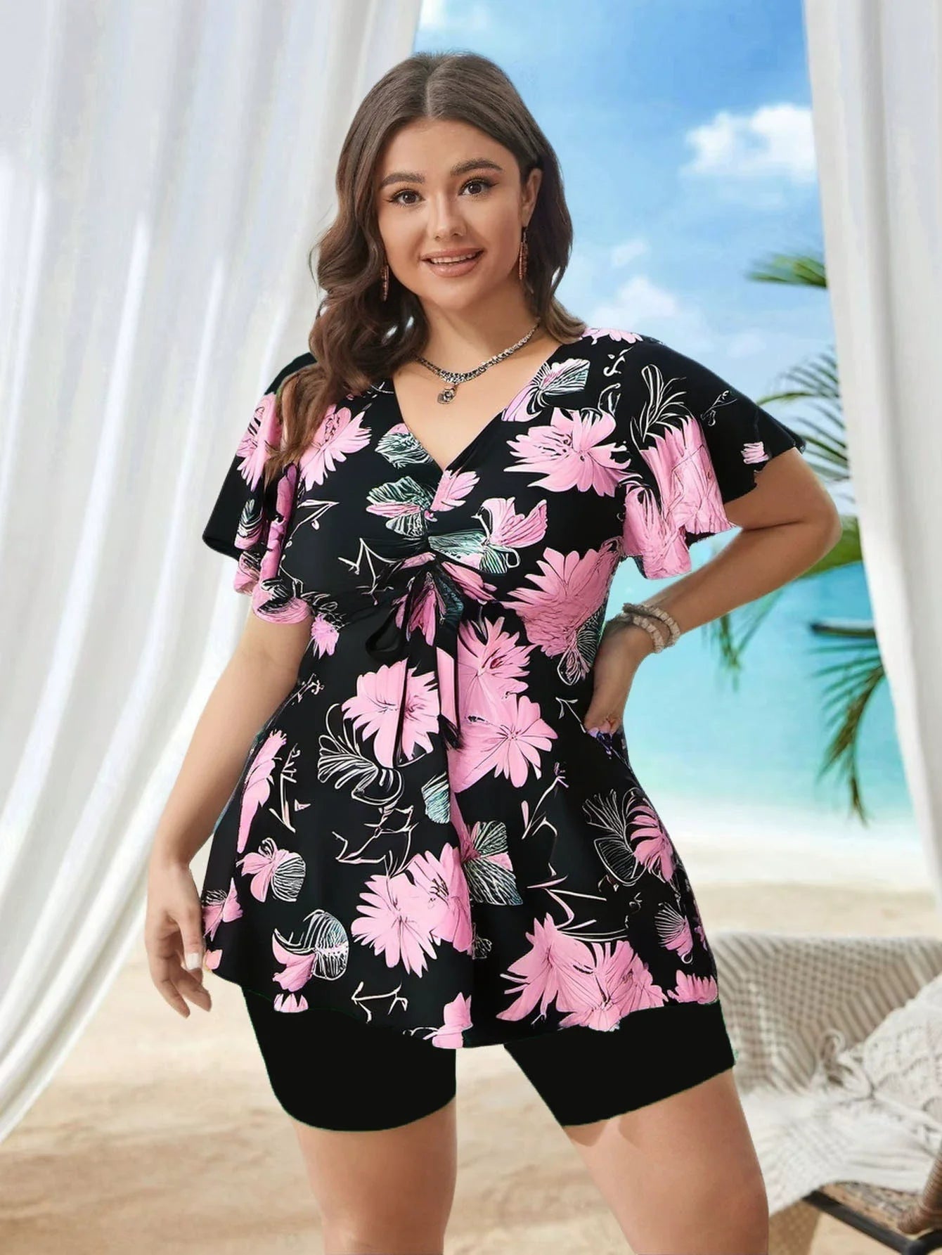 2025 Plus Size Printed Long Sleeve Swimwear For Women Deep V One Piece Swimsuit Beach Bodysuit
