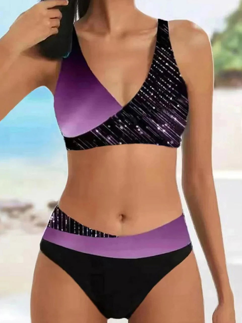 Black and Silver Glitter Striped Bikini Aesthetic
