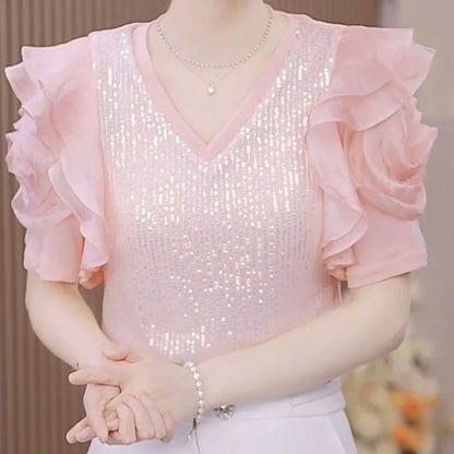 Butterfly Embroidery Puff Sleeve Top Sexy V Neck Cropped Blouse For Summer