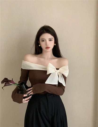 Off-Shoulder Bow T-Shirt for Women – Sexy Exposed Clavicle Crop Top, Elegant Korean Long Sleeve Spring & Autumn Shirt