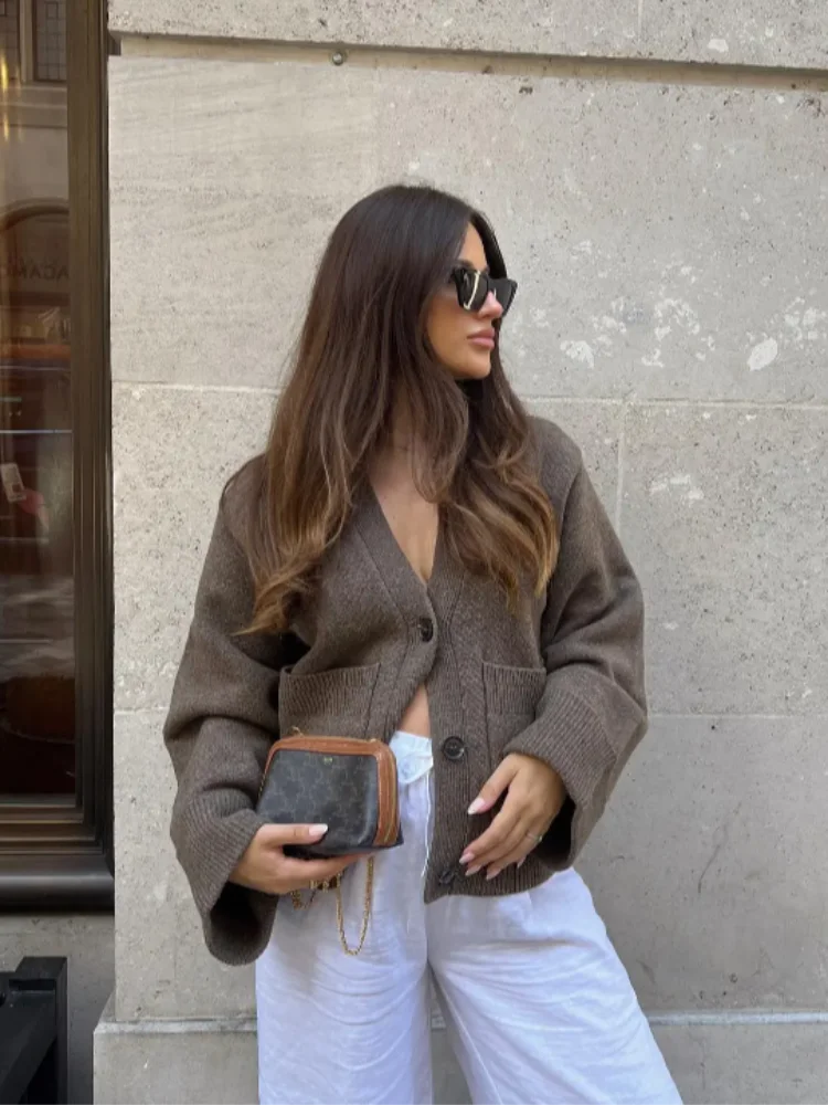 2025 Winter Women S Solid Color Cardigan Knitted Loose Fit Xxl Sweater Coat With Pockets Black