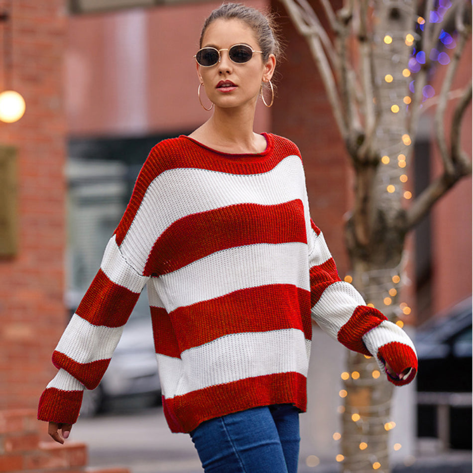 Loose Style Bold Striped O-Neck Women Sweaters