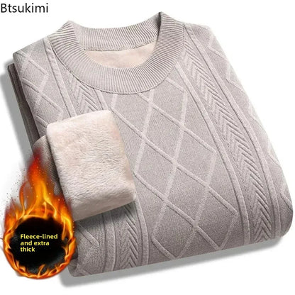 2025 Mens Casual Warm Sweater Solid Plush Knitted Pullover Autumn Winter Thickened Versatile Top