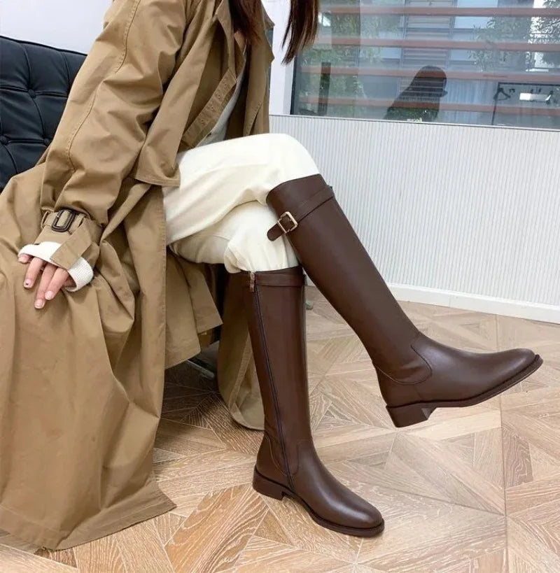 Winter Knee High Brown Boots Square Heel Zip Belt Buckle Gothic Style For Women