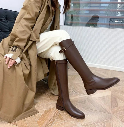 Winter Knee High Brown Boots Square Heel Zip Belt Buckle Gothic Style For Women