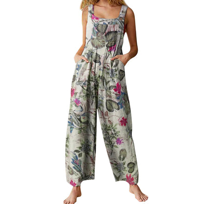Women S Ethnic Style Jumpsuit Off Shoulder Floral Print Romper Sleeveless Summer Overalls With Pockets