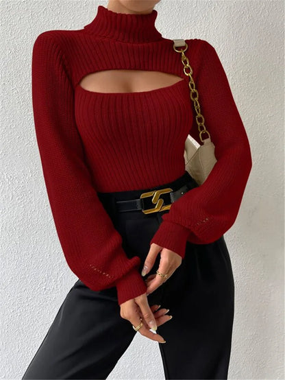 Hollow Out Turtleneck Sweater – Women’s Loose Boho Knit