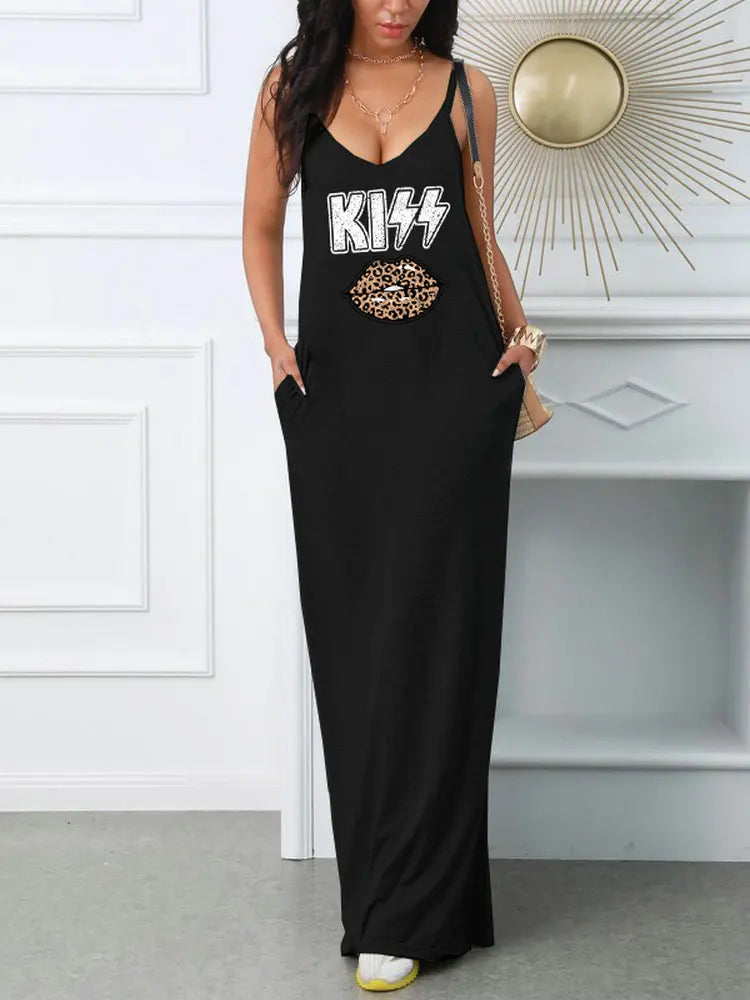 Edgy Black Graphic Maxi Dress for an Effortless Casual Street Style