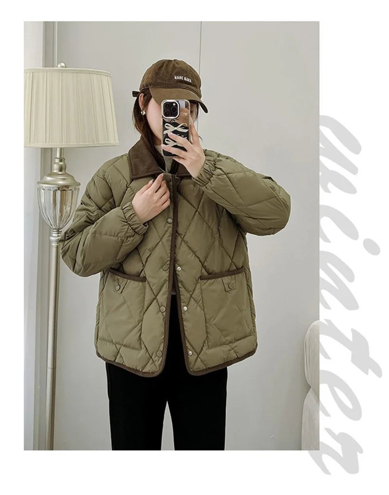 Quilted PU Leather Short Coat – Warm Rhombic Lattice Winter Jacket for Women