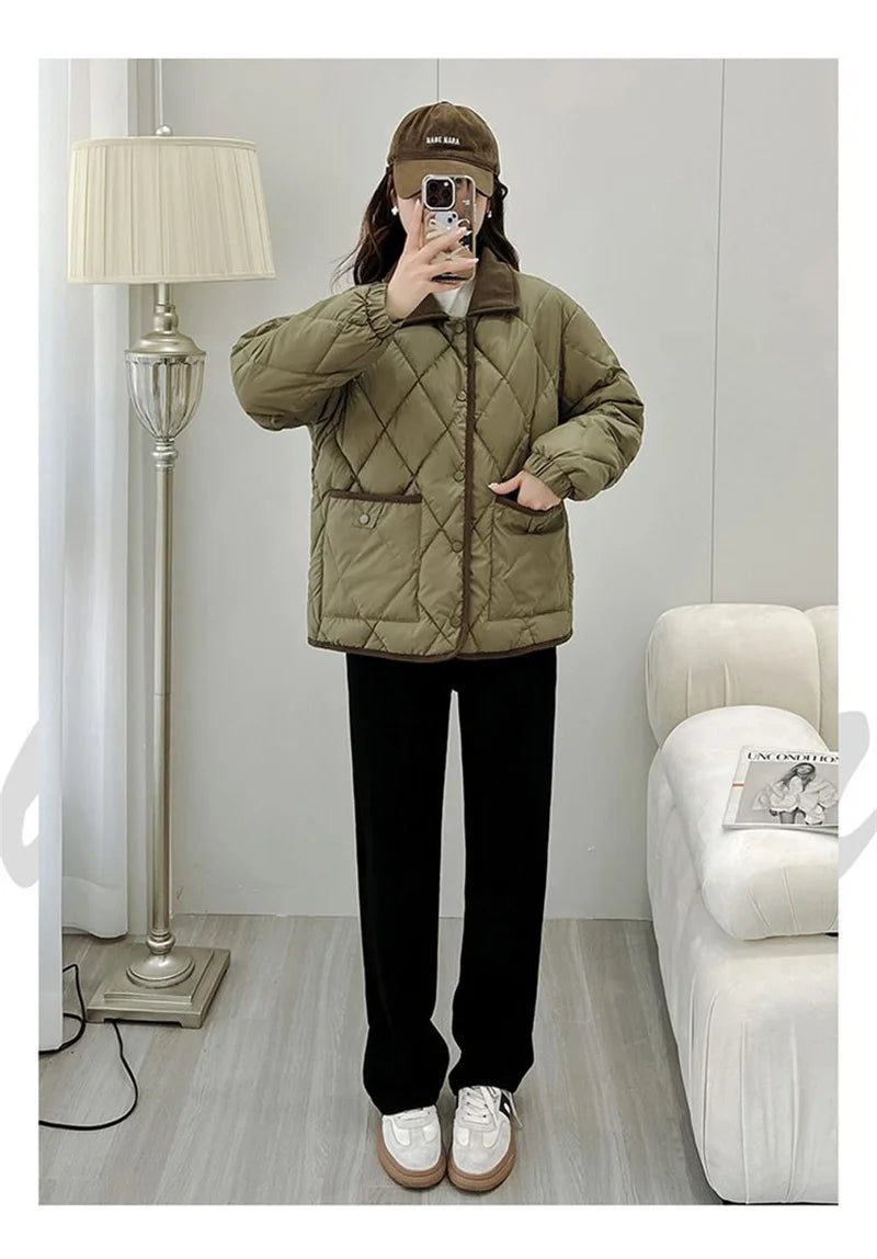 Quilted PU Leather Short Coat – Warm Rhombic Lattice Winter Jacket for Women