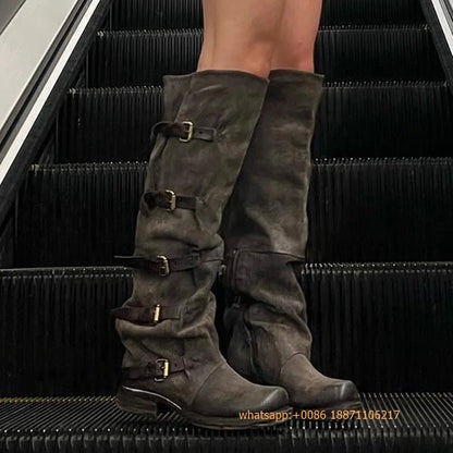 Womens Large Mid Length Retro Boots Buckle Casual Knight Boots For Autumn Winter 2025
