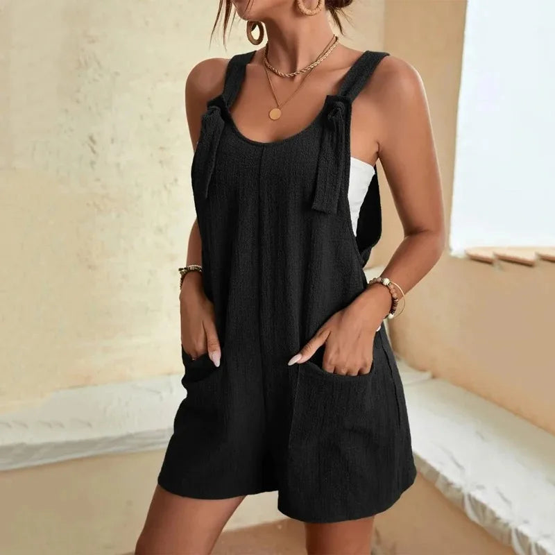 Retro Button Sleeveless Beach Romper Solid Cross Pants Casual Loose Hooded Jumpsuit For Women Summer Streetwear