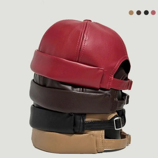 Retro Pu Leather Landlord Hat Unisex Adjustable Melon Skin Cap Vintage Docker Style For Autumn Winter