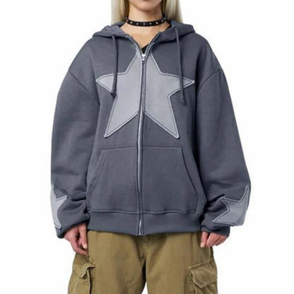 Y2k Star Patch Zip Up Hoodie Oversized Gothic Streetwear Sweatshirt For Women