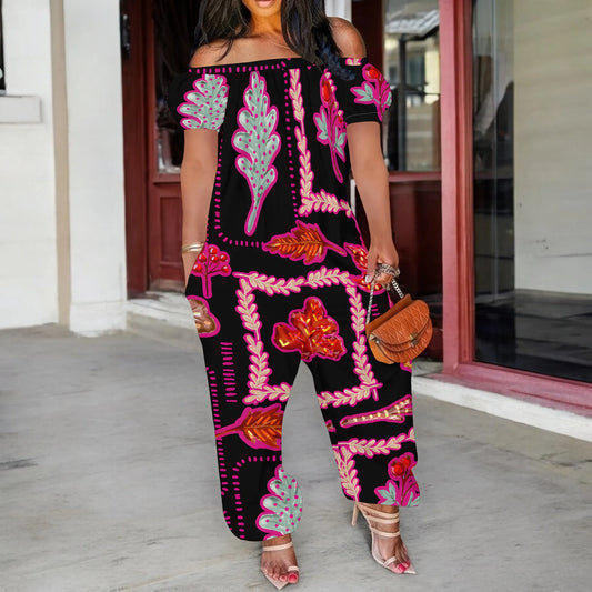 Womens Summer Sporty Jumpsuit Off Shoulder Short Sleeve Romper High Waist Casual Playsuit With Pockets