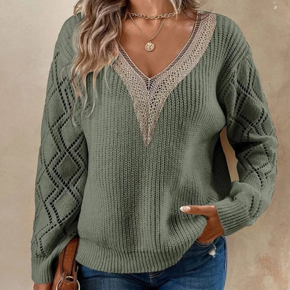 Lace V-Neck Knitted Long Sleeve Sweaters For Women