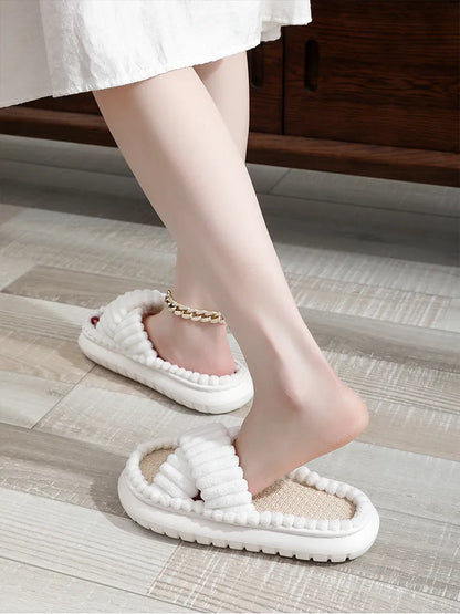 Open-Toe Cross Band Linen Soled Indoor Slippers For Winter