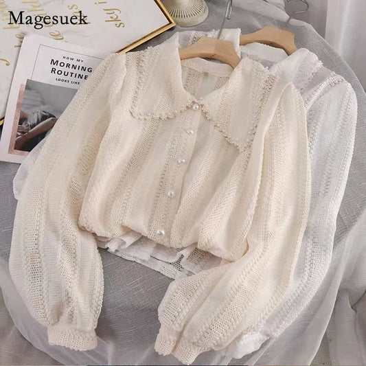 Fashion Lace Up Peter Pan Collar Shirt Women S Spring Summer Long Sleeve Cardigan Blouse Elegant Chic Streetwear Top