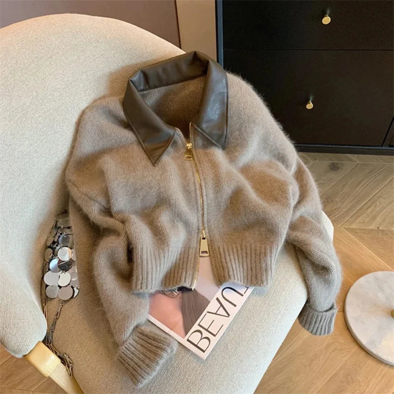 Spliced Leather Collar Knit Sweater Fashion Double Zipper Cardigan For Women Autumn Winter New Soft Vintage Long Sleeve Streetwear