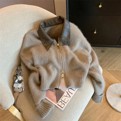 Spliced Leather Collar Knit Sweater Fashion Double Zipper Cardigan For Women Autumn Winter New Soft Vintage Long Sleeve Streetwear