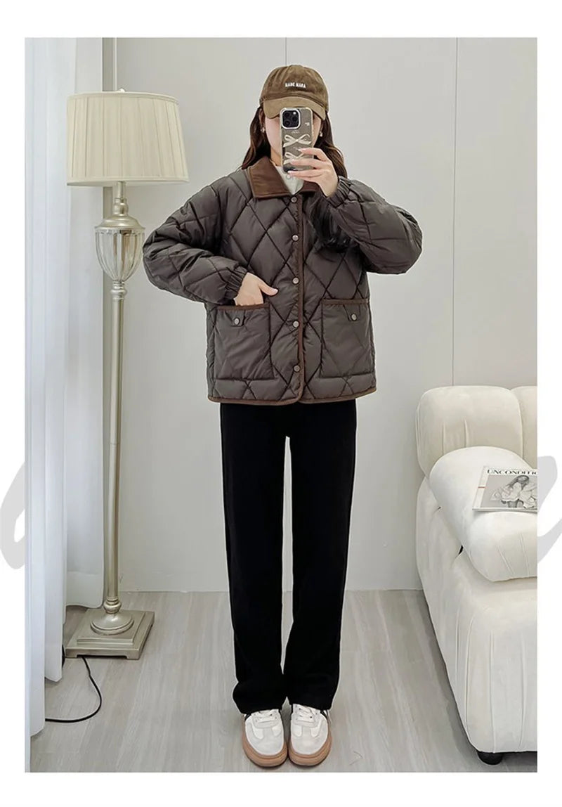 Quilted PU Leather Short Coat – Warm Rhombic Lattice Winter Jacket for Women