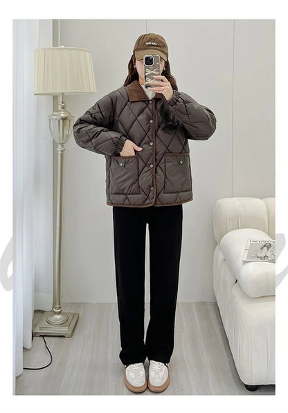 Quilted PU Leather Short Coat – Warm Rhombic Lattice Winter Jacket for Women