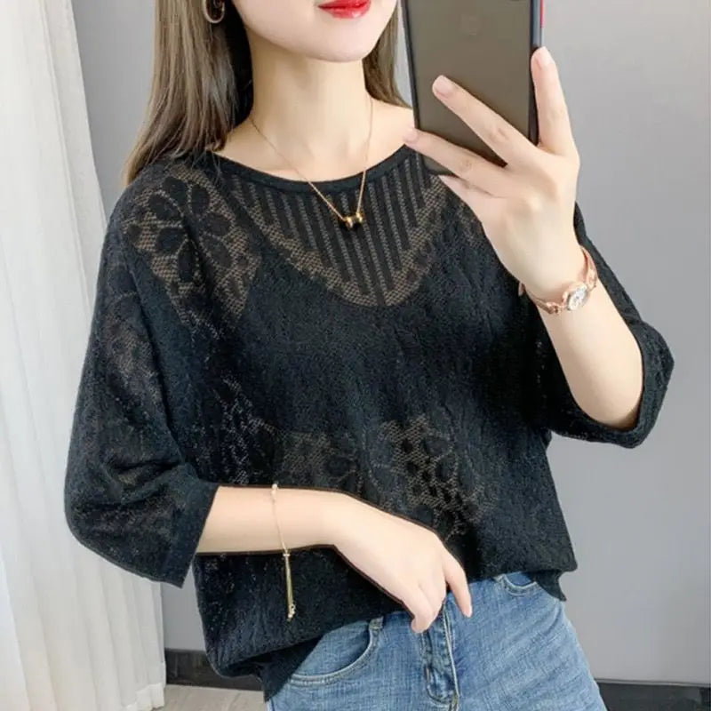 Elegant Knitted Hollow Out O Neck Sweater