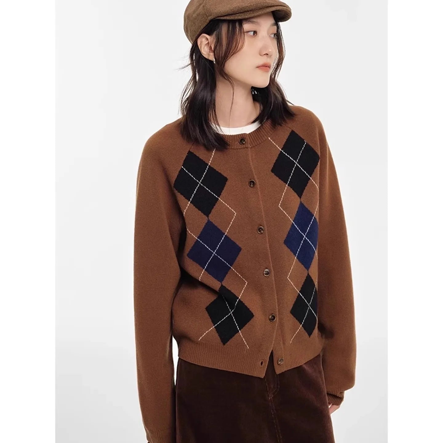 Diamond Square Slice Patterned Elegant Autumn Cardigan