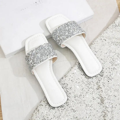 Shiny Rhinestone Design Elegant Flat Slippers For Women