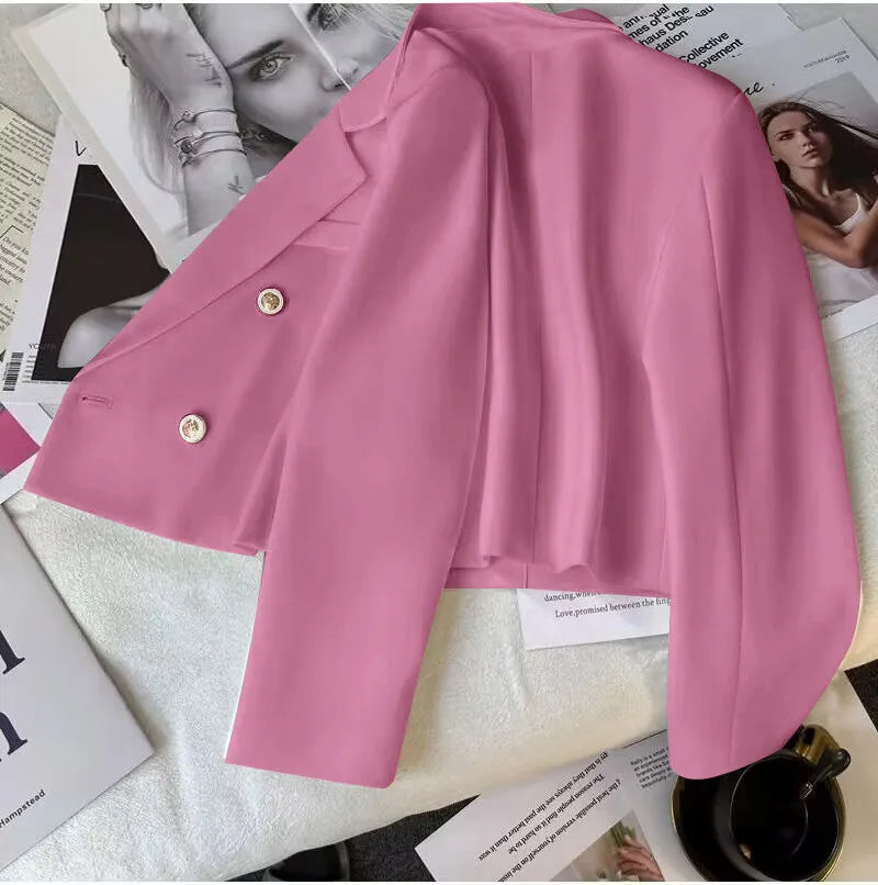 Pink Double Breasted Crop Blazer Jackets For Women