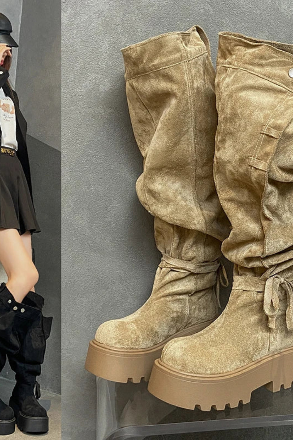 Person wearing black outfit with beige platform boots on a gray background