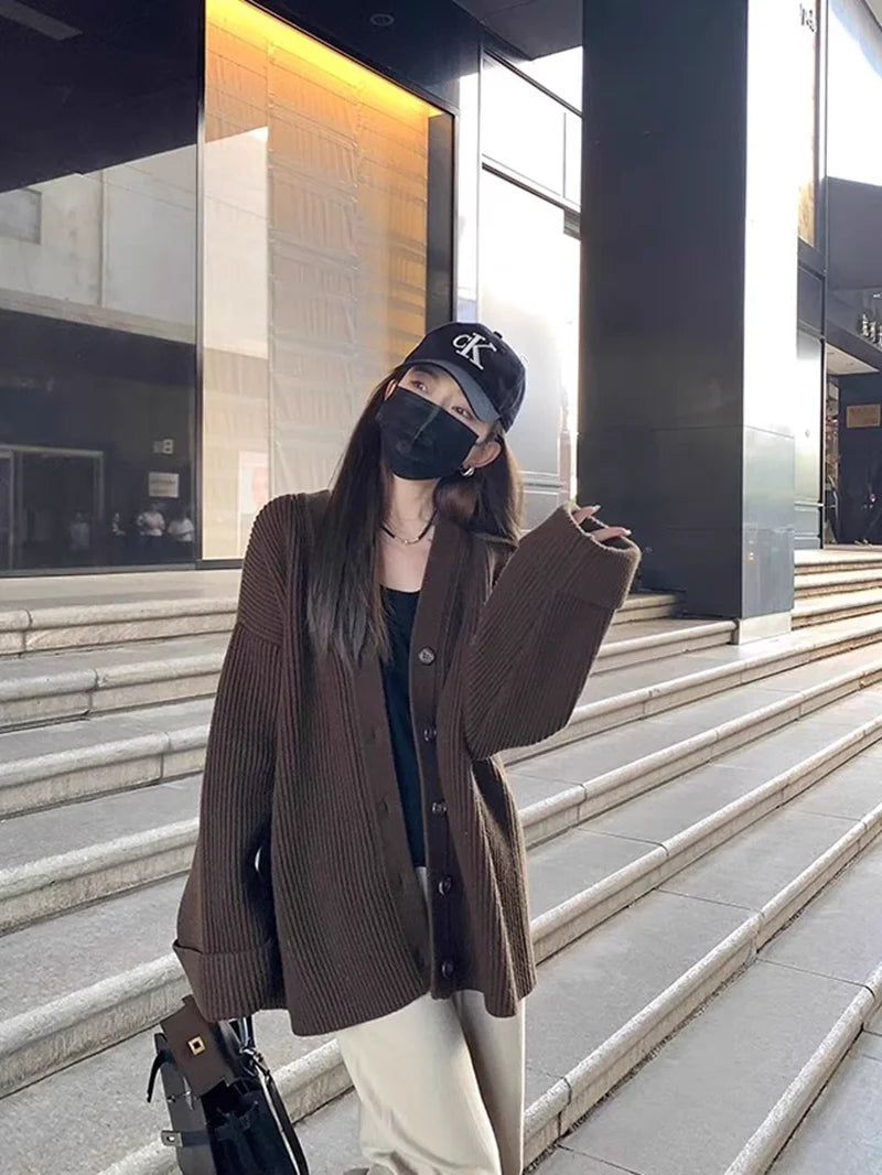 V-Neck Single-Breasted Knit Cardigan – Casual Autumn 2025