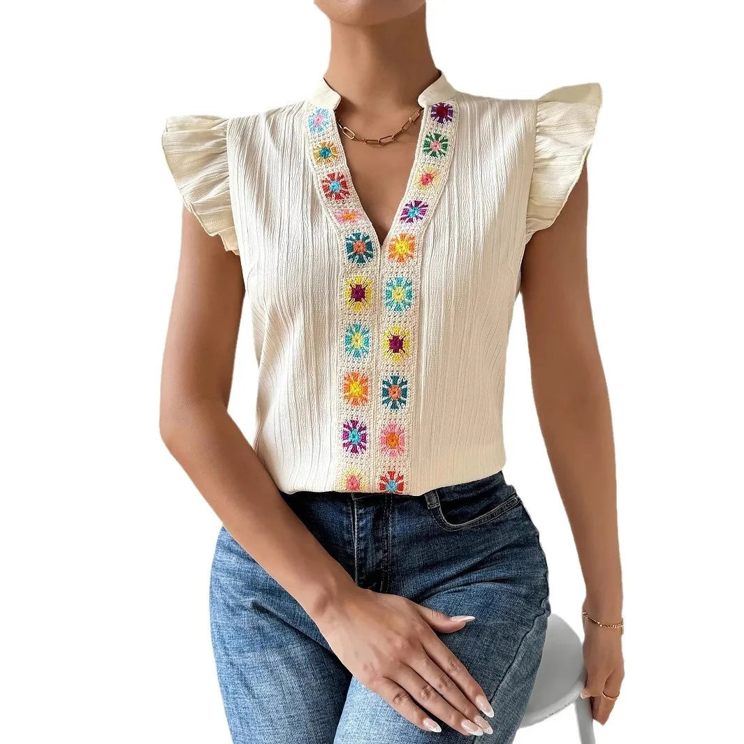 Summer Casual Ruffles Sleeveless Tops Women 2025 Fashion V-neck Floral Ladies Blouse Shirts Elegant