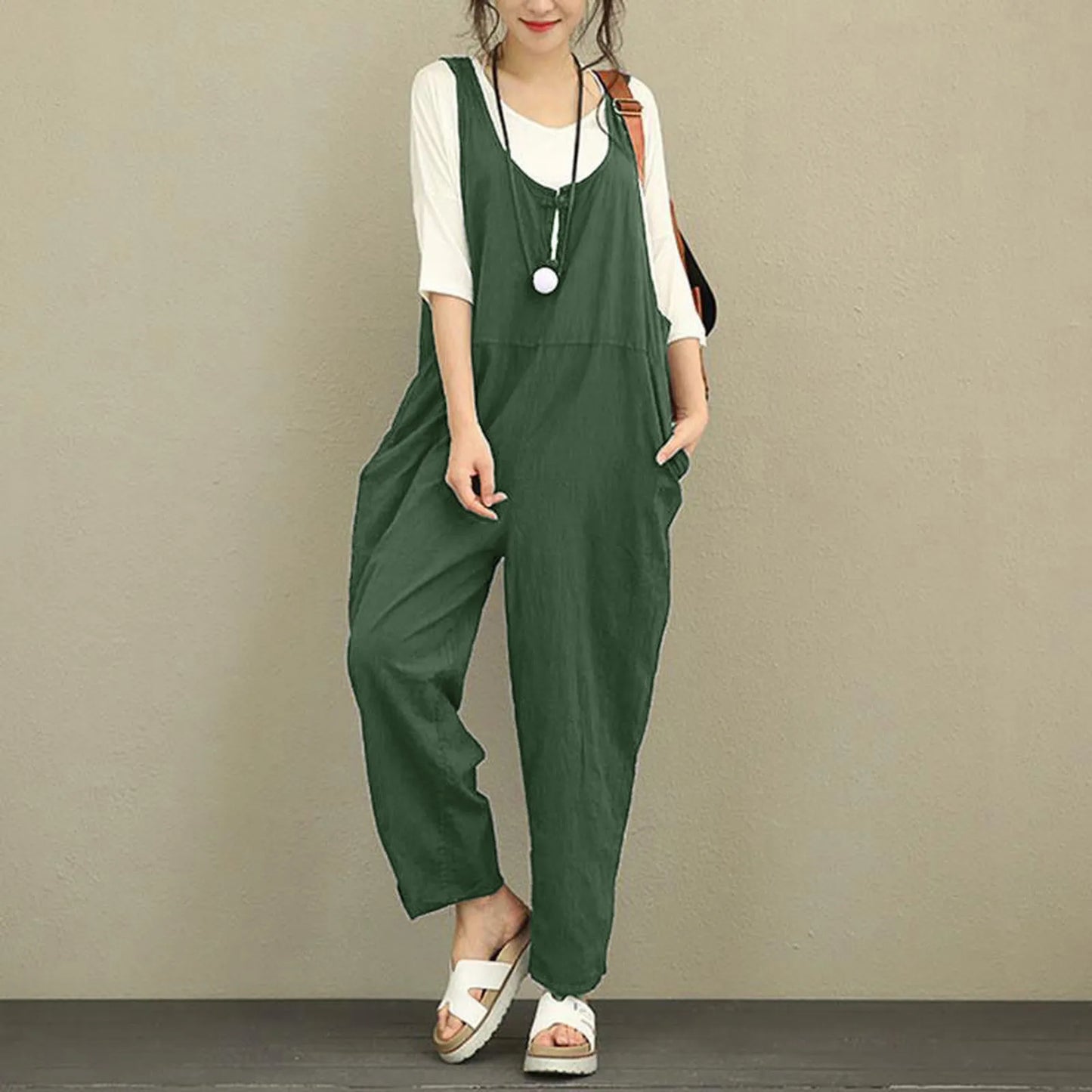 Boho Comfort: Wide-Leg Suspender Cotton Jumpsuit