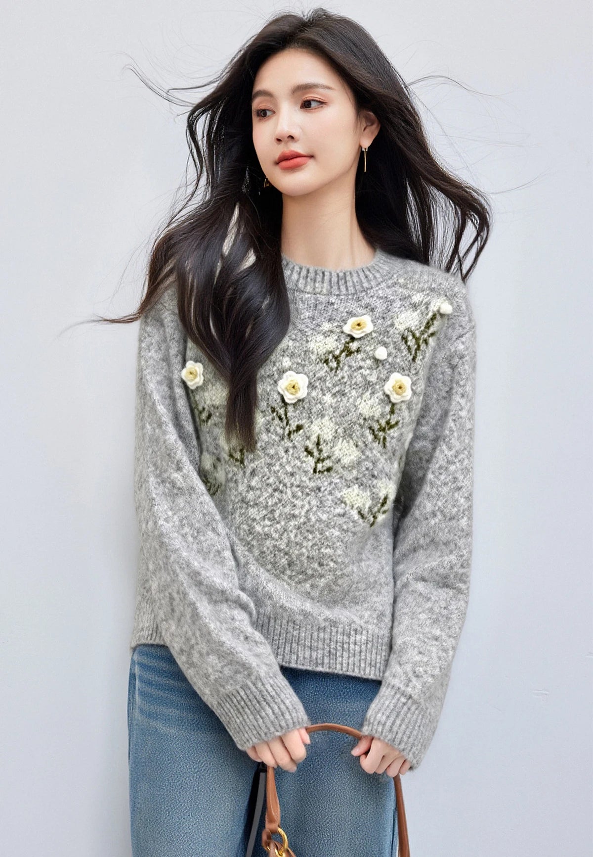 Womens Korean Style Daisy Flower Printed Knitted Winter Sweater