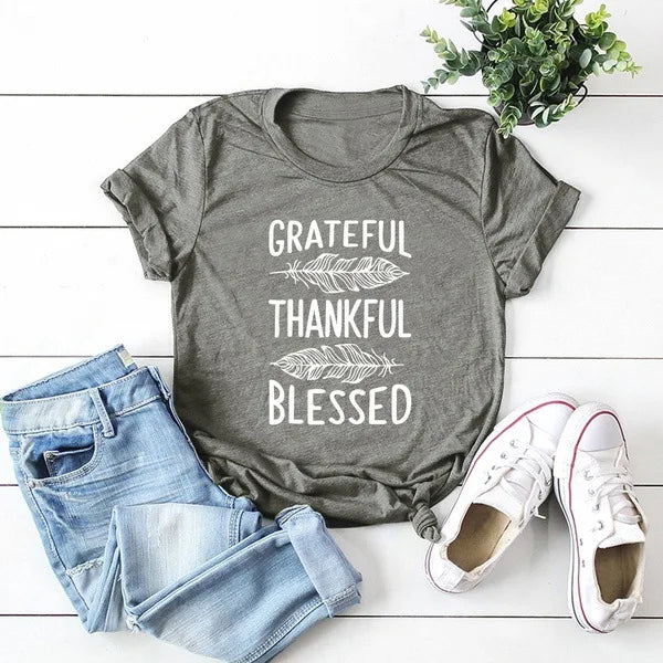 Grateful Thankful Blessed Feather Print T Shirt Womens Short Sleeve O Neck Loose Fit Casual Tee Inspirational Graphic Ladies Top
