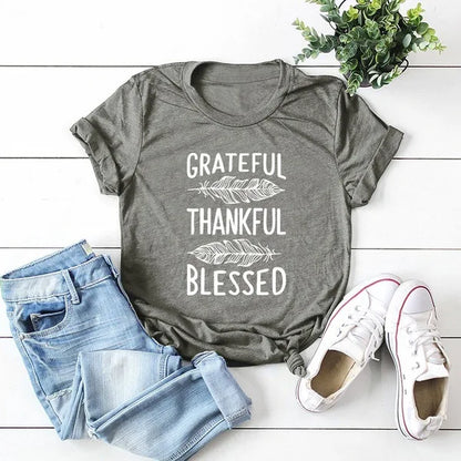 Grateful Thankful Blessed Feather Print T Shirt Womens Short Sleeve O Neck Loose Fit Casual Tee Inspirational Graphic Ladies Top