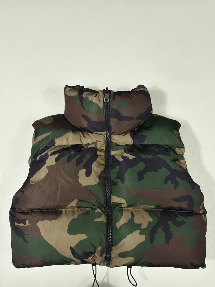 Camouflage Print Puffer Vest: Cute Sleeveless Bubble Coats for Women