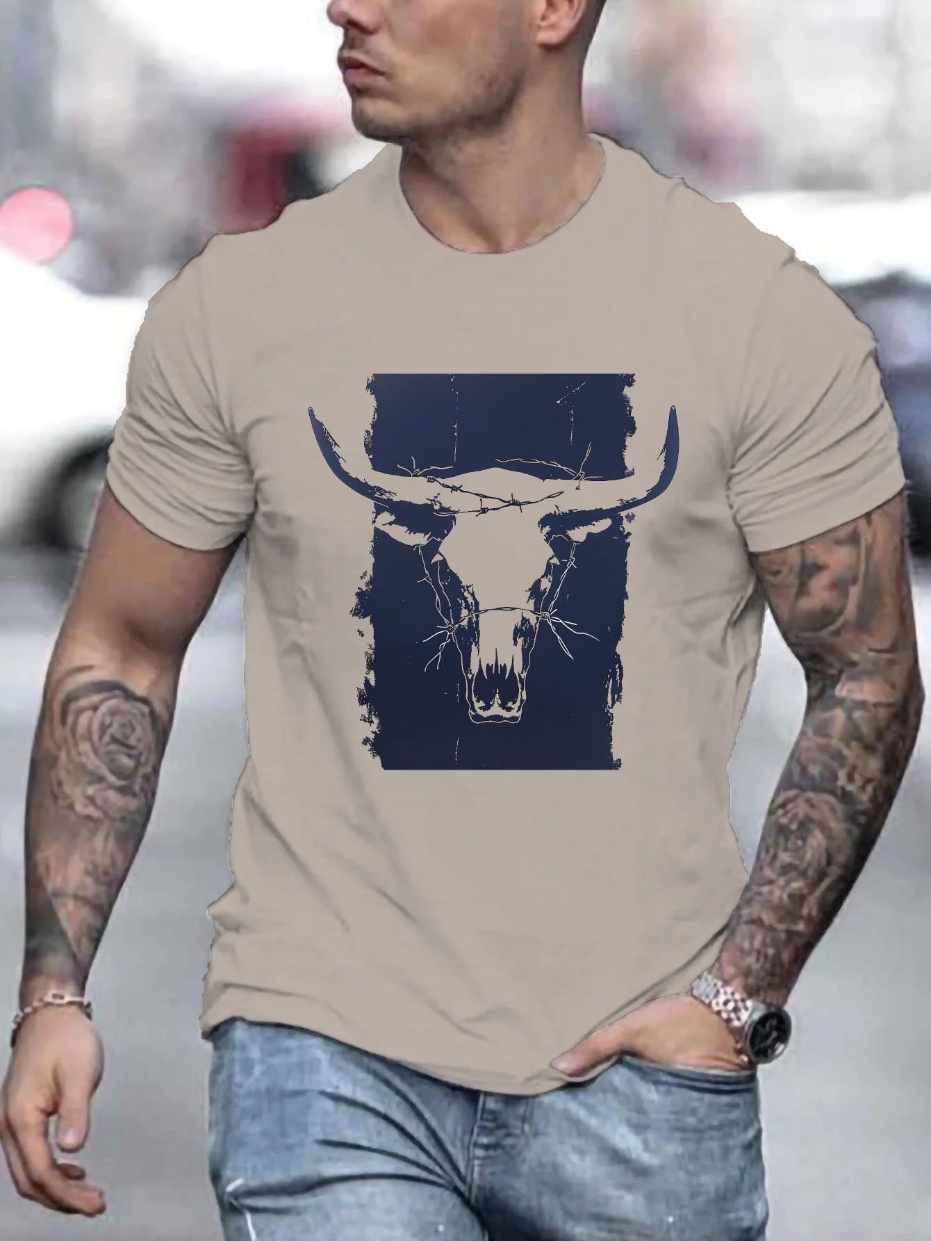 Bull Horns Skull Print Western Themed T Shirts