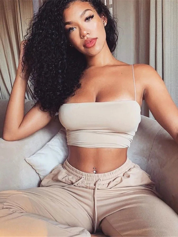 Womens Solid Halter Crop Top Sleeveless Camisole Spaghetti Strap Cami Tank Tops Tube Top Basic Bodycon Tee Sexy Fashion