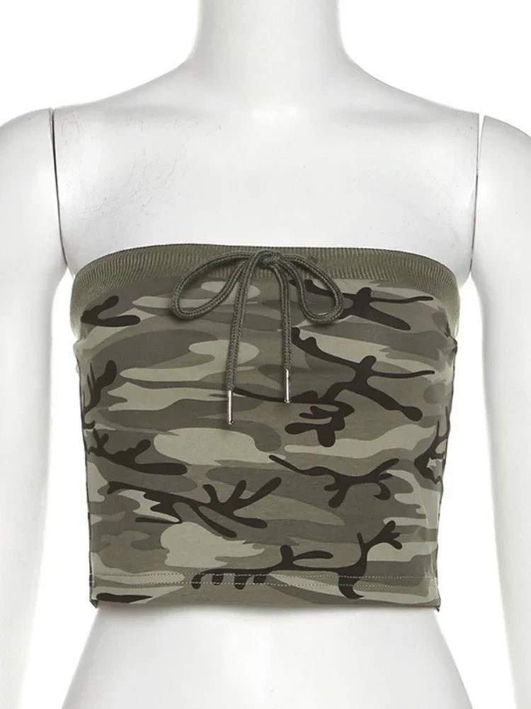 Y2K Sexy Camouflage Tube Top For Women Lace Up Strapless Bandeau Off Shoulder Military Crop Top Femme