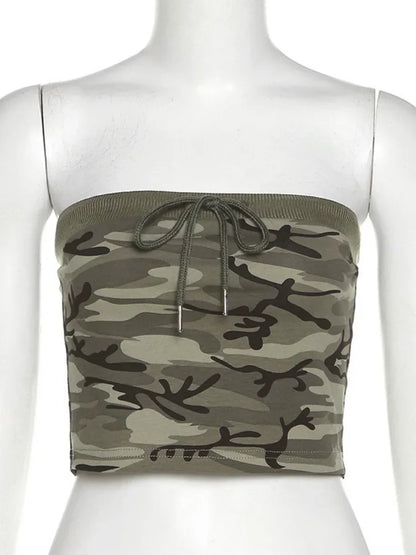 Y2K Sexy Camouflage Tube Top For Women Lace Up Strapless Bandeau Off Shoulder Military Crop Top Femme