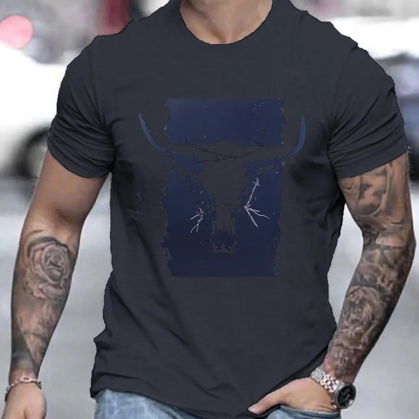Bull Horns Skull Print Western Themed T Shirts