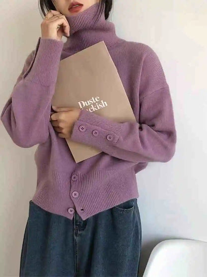 Solid Turtleneck Long Sleeve Pullover For Women
